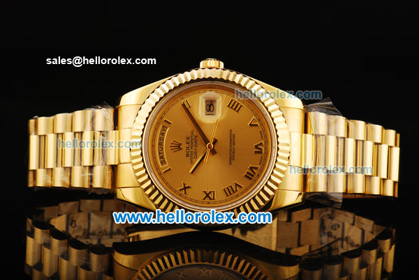 Rolex Day Date II Rolex 3156 Automatic Movement Full Gold with Golden Dial and Roman Numeral Markers - Click Image to Close